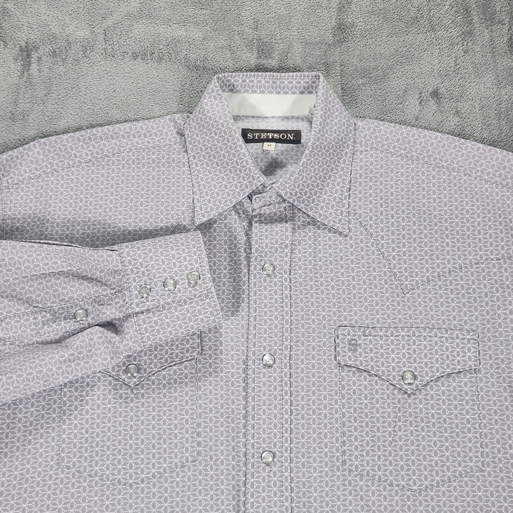 Stetson Shirt Mens Medium Gray Geometric Western Pearl Snap Long Sleeve Cowboy